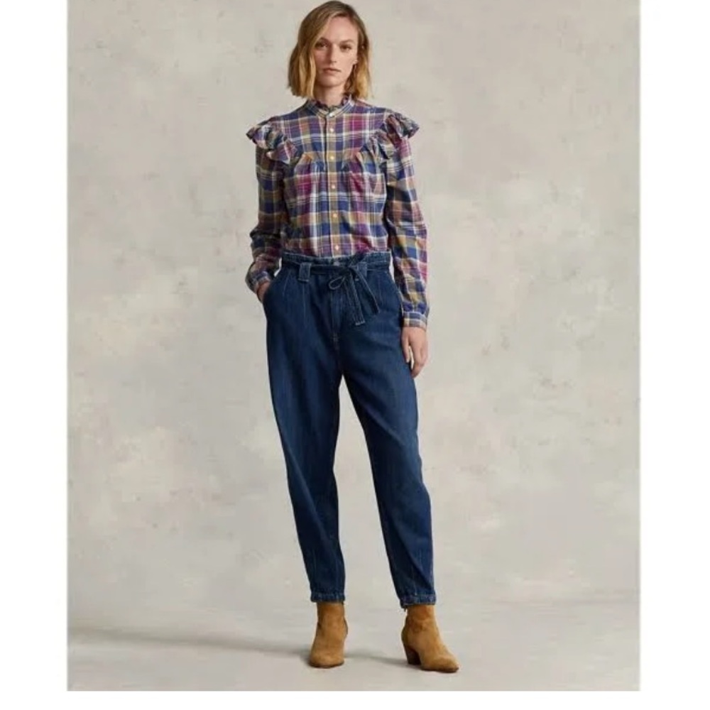 Polo Ralph Lauren Women's Plaid Ruffle Shirt - Blue Magenta - Size 8 BNWT